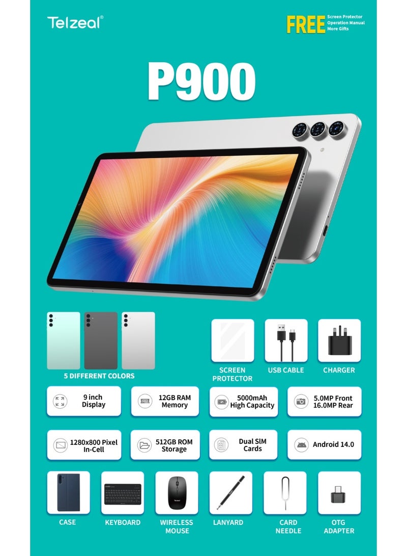 تلزيل تابلت Telzeal P900 بشاشة 9 بوصة، نظام أندرويد 14، ذاكرة وصول عشوائي 12 جيجابايت، ذاكرة تخزين داخلية 512 جيجابايت، بطارية 5000 مللي أمبير، يدعم شريحتين SIM، مزود بلوحة مفاتيح وفأرة، لون رمادي - Image 2